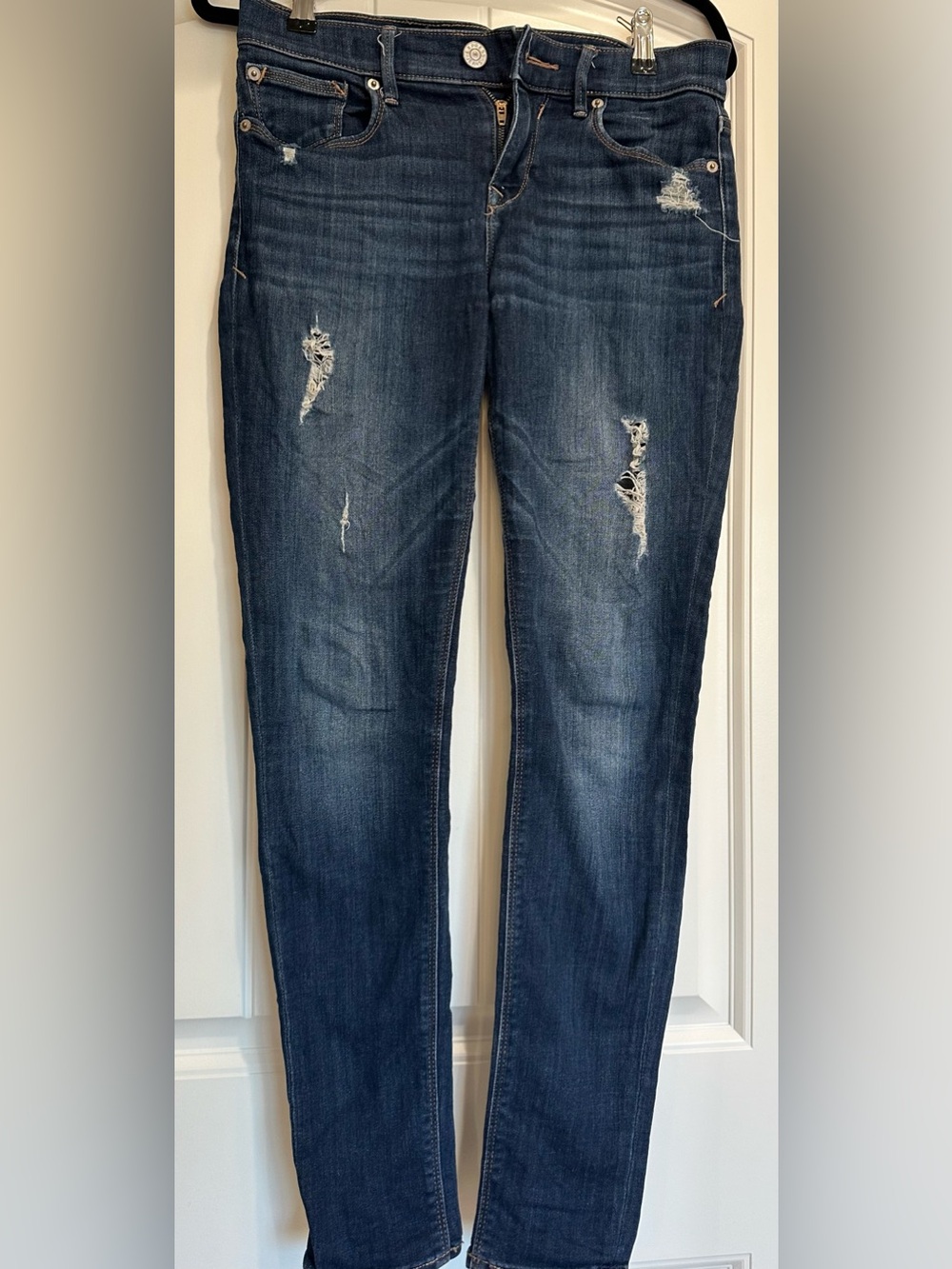 Express Mid Rise Legging Jeans Size 2 Dark Wash Distressed Skinny Fit, Casual